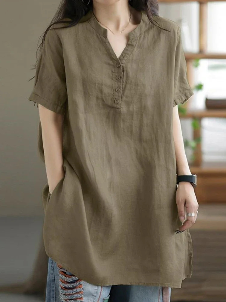 Summer Fashion Cotton and Hemp Womens Shirt Commuting Style Casual Half Open Short Sleeve Top 250311