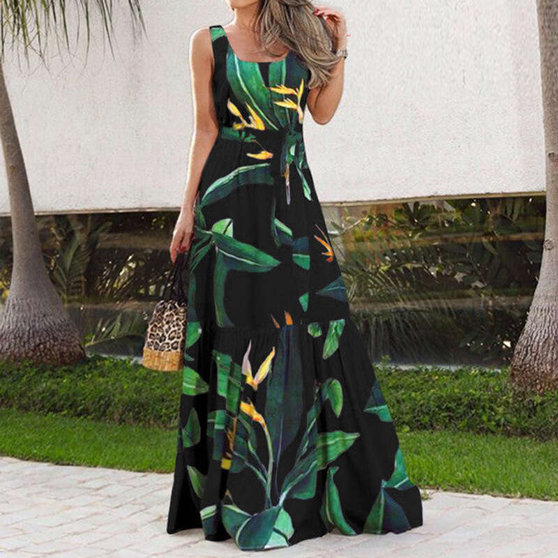 2025 New Bohemian Long With Printed Pleated Waist, And Large Swing Suspender Dress 661 KLMY