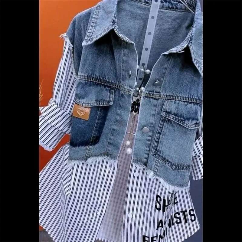 Fake Two Denim Shirts Women's Early Spring 2025 Korean Version Of Casual Western Style Joker Ing Letter Striped Top