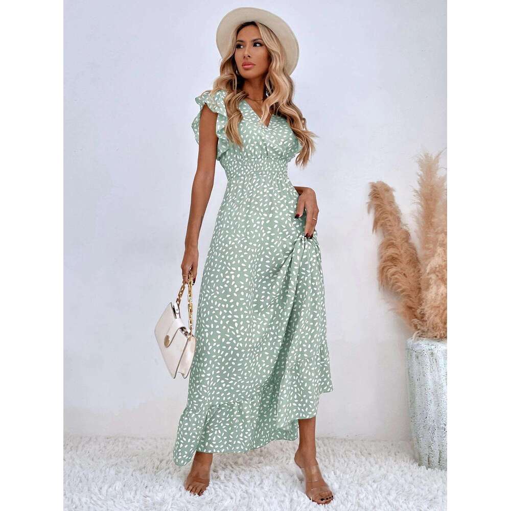 European American women's spring and summer V-neck waist cinched long skirt with ruffle edge dress for women 2025 new style temperament chic eleg