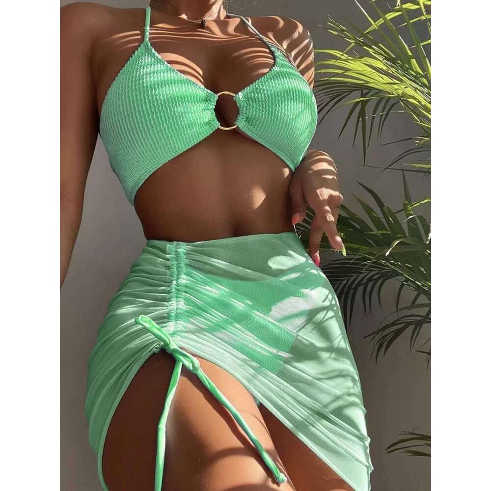 Bikini European and American split women's solid color sexy swimsuit three piece set hanging neck three-point bikini 2025 new casual versatile fa