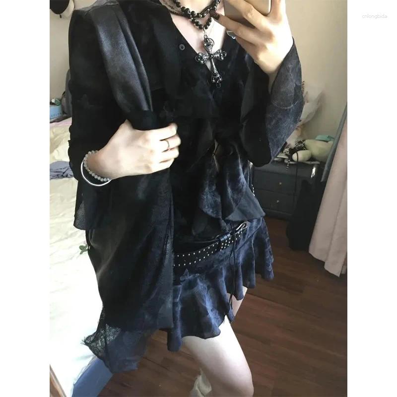 Casual Dresses Y2K Ruffles Mini Dress Women Haruku Vintage Bandage Summer Gothic Aesthetic Sexy V Neck Long Sleeve Bodycon Vestidos