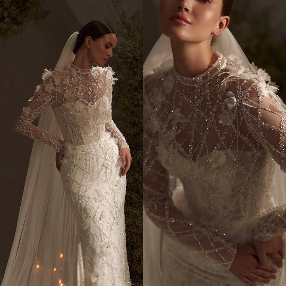 Designer Mermaid Wedding Dress High Collar Long Sleeves Bridal Gowns Appliques Sequins Sweep Train Dresses Custom Made vestidos de novia