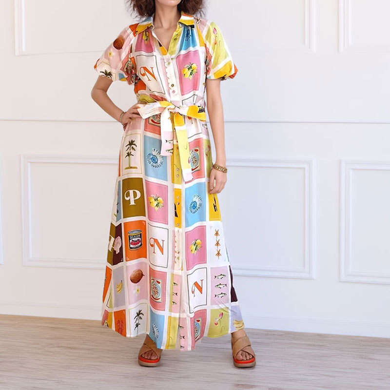 2025 Spring New Women's Printed Collar Split Tie Dress For Women KLMY