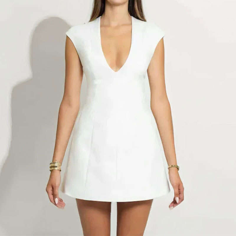 2025 Spring New Women's Clothing Elegant Solid Color Simple Deep V-Neck Dress KLMY