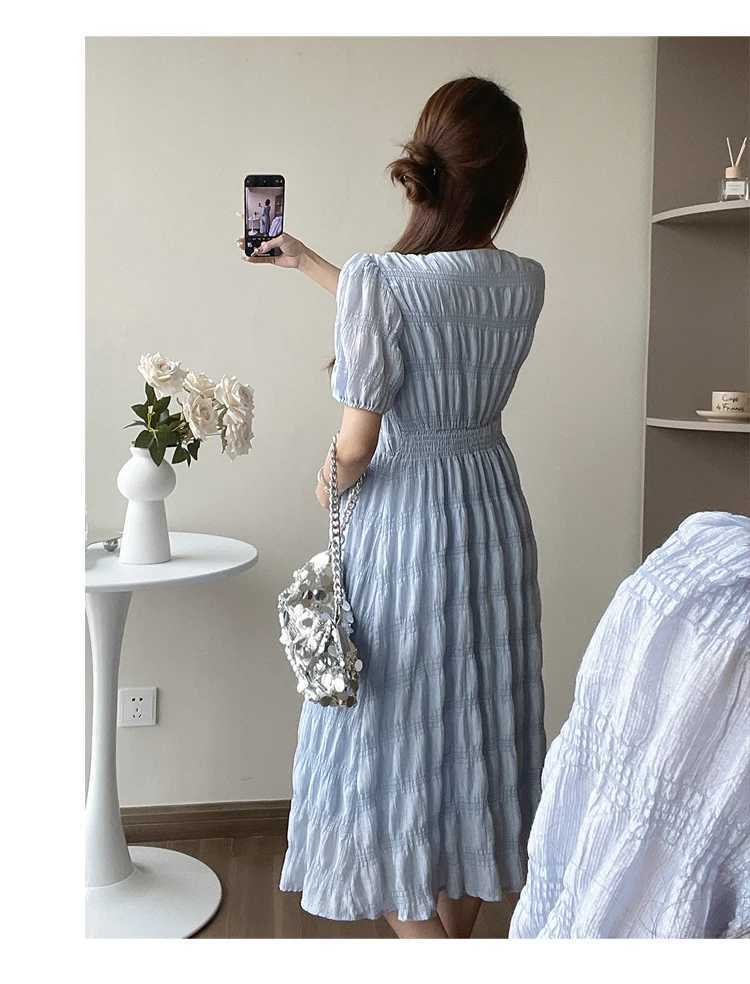 French Style Summer Maternity Pleated Dress High Waist V-neck Short Sleeve Pregnant Woman Elegant Dress Pregnancy Clothes LooseT250311