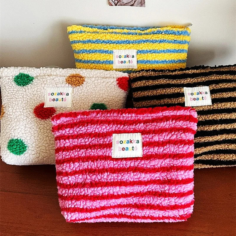 color striped dot plush clutch cosmetic bag large capacity toilet travel outdoor makeup storage 250311