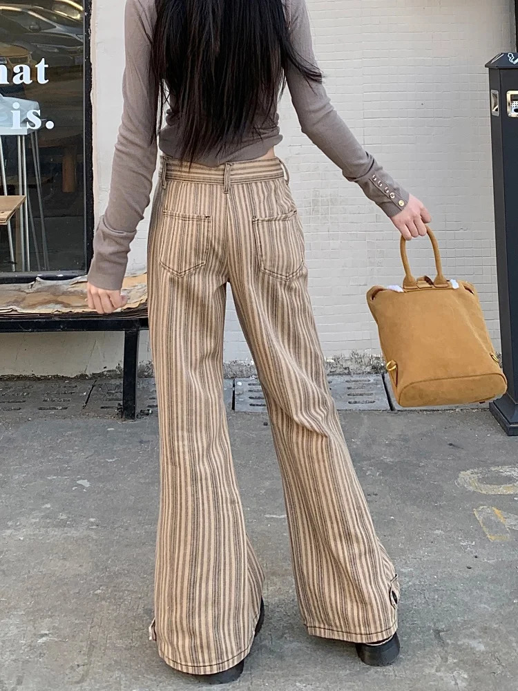 Clothing Y2K Fashion sweet Khaki Slim Striped Flare Jeans Pants For Women Clothes Korean Casual Lady Trousers Femme 250311