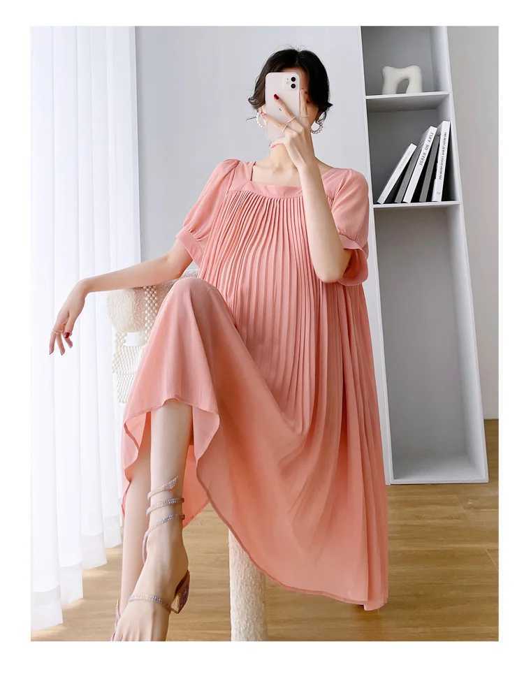 Beige Pink Sunmer Pregnant Woman Pleated Dress Plus Size Maternity Chiffon Dress Mid-Calf Pregnancy Clothes with Belt WholesaleT250311