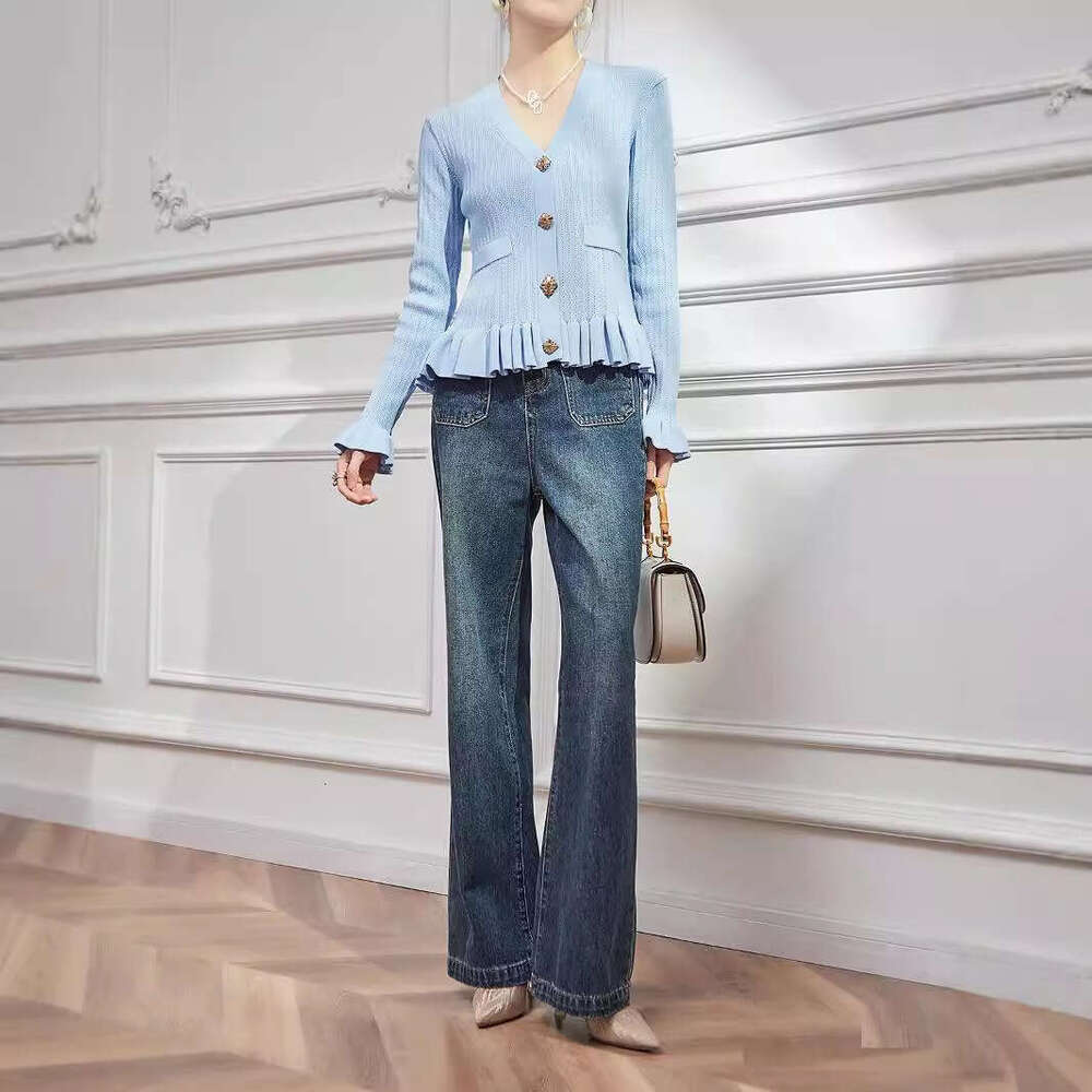 Autumn Diamond Decoration Long Sleeved Cardigan Temperament V-Neck Hollow Waist Knit Top Socialite Ruffle Edge Sweater