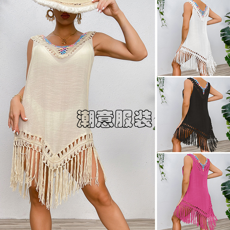 Holiday Patchwork Colorful Hook Flower Fringe V-Neck Pullover With Hollowed Out Perspective Beach Bikini Cover Dress