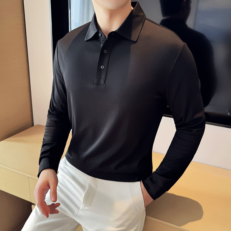 Long sleeved polo shirt, business casual lapel T-shirt, high-end sense, autumn and winter solid color trendy men's clothing tracksuit