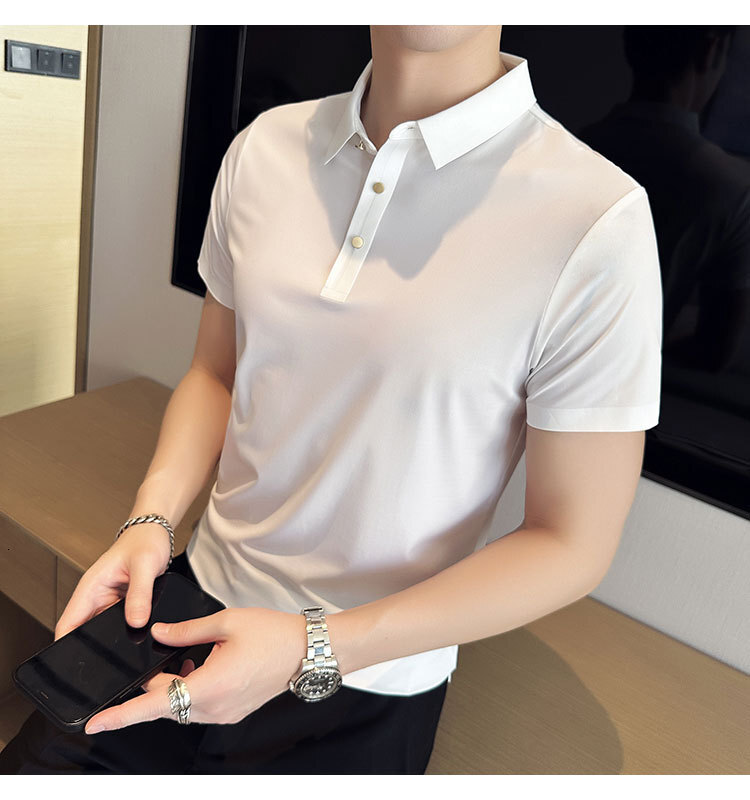 Short sleeved polo shirt business casual, light luxury men's clothing, no iron ice silk trendy T-shirt for men, summer solid color tracksuit