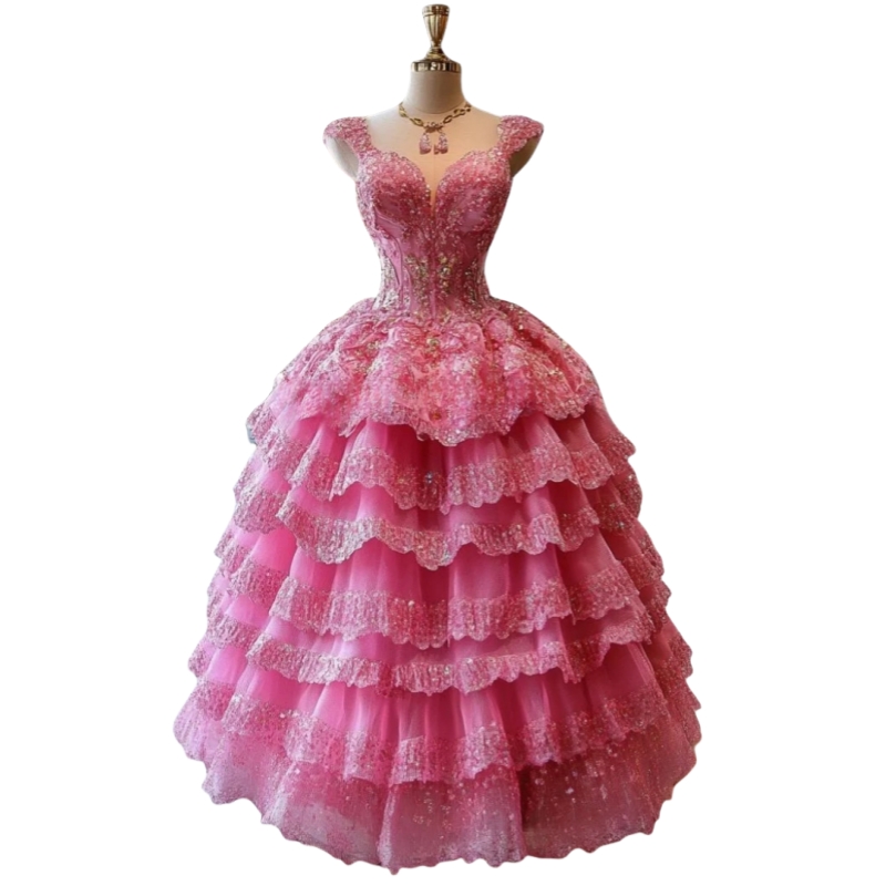 Glitter Pink Tiered Prom Dresses Straps Sweetheart Long Floor Length Birthday Party Special Occasion Dress Appliques Crystals Beaded Pretty Evening Go