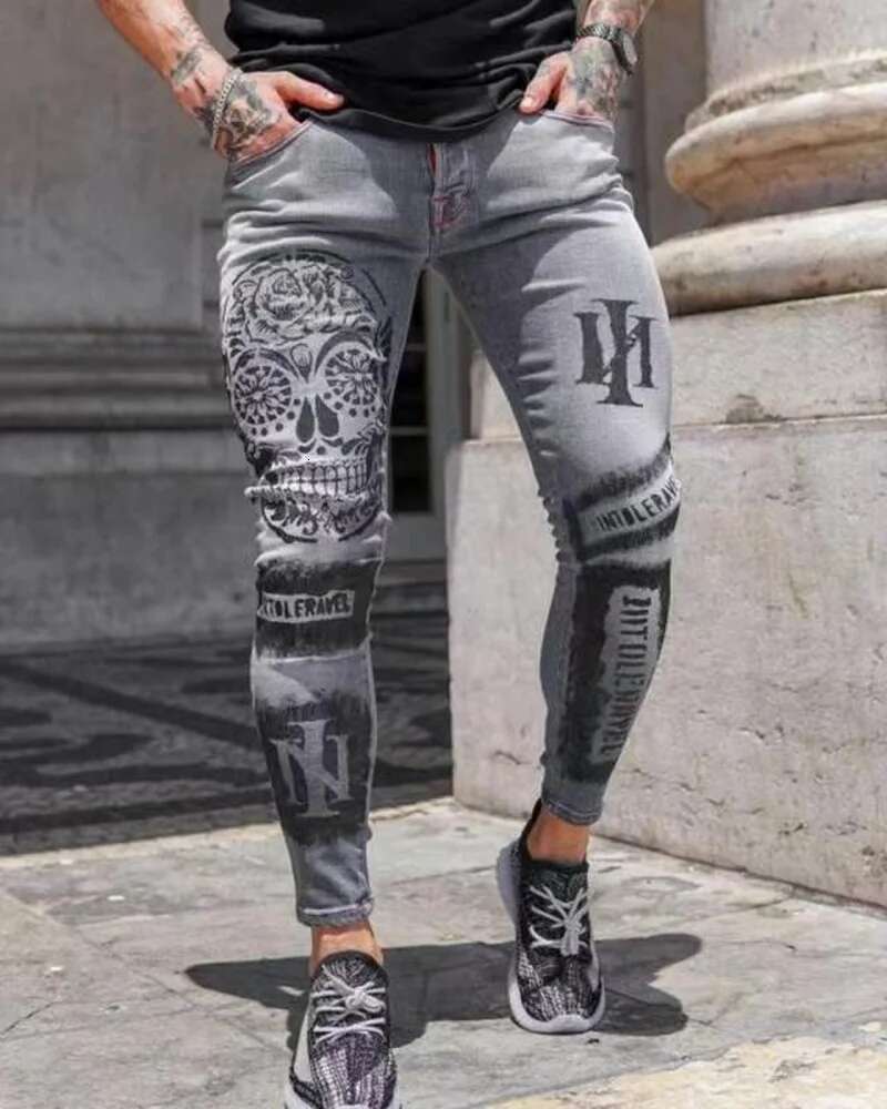 2025 Fashion Designer Summer New Jeans Men s Stretch Casual Slim Fit Grey Printed Pencil Pants Tight Outdoor Casual Pants Straight Leg Pants