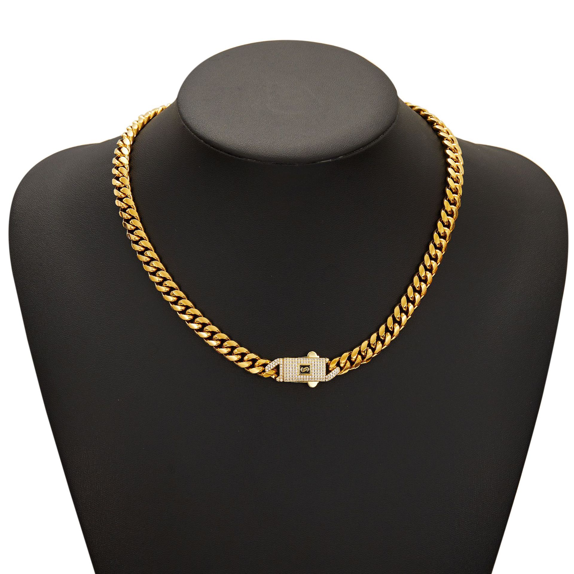 Hip Hop Solid Stainless Steel Cuban Chain Necklace Bracelet Jewelry Spring Clasp Accessories