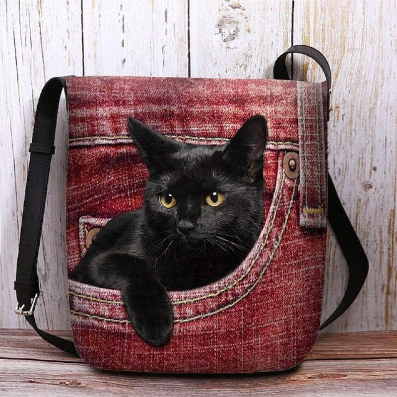1pc Bohemian Denim-Like cking Fabric Cat Print Women - Light Blue/Red/Yellow, Polyester ed, & Stylish for Everyday Use, Outdoor Accessory Playful Desi