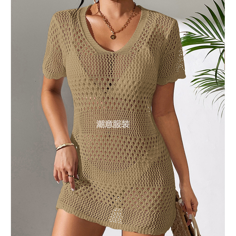 New Women's Sexy Hollow Short Sleeved Casual Bikini With Swimsuit Cover, Beach Sun Protection Shirt