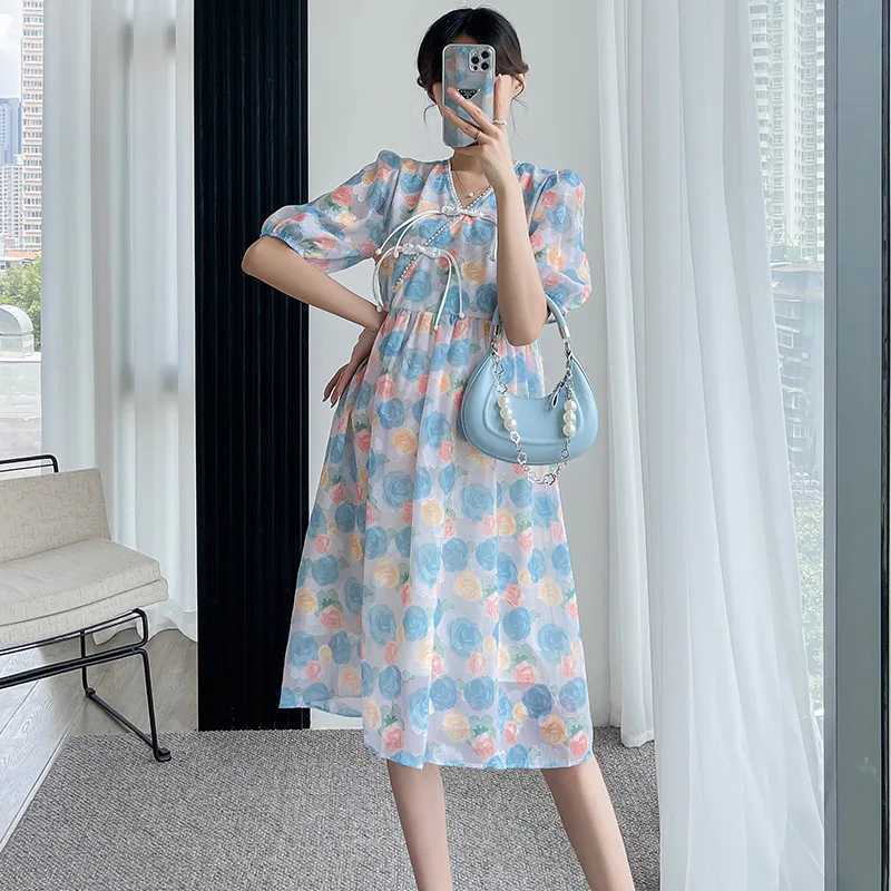 Retro Maternity Dresses Temperament Ladies Summer Loose Mid-length Breathable V-neck 2022 Pregnancy Clothes for Photos Shoot NewT250311