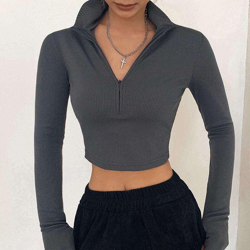 European and American Spring Women's Long Sleeve Zipper Half Open Collar Exposed Umbilical Versatile Slimming T-shirt 2025 New Casual Fashion Tre