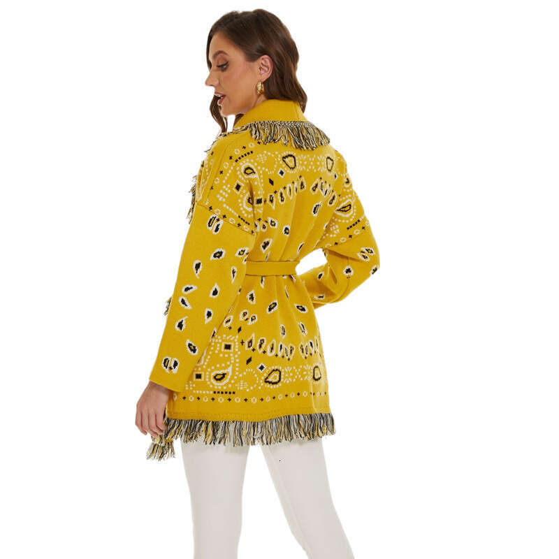 Autumn And Winter New Bohemian Sweater Jacket, Niche Dopamine Yellow Jacquard Wool Tassel Cardigan For Women