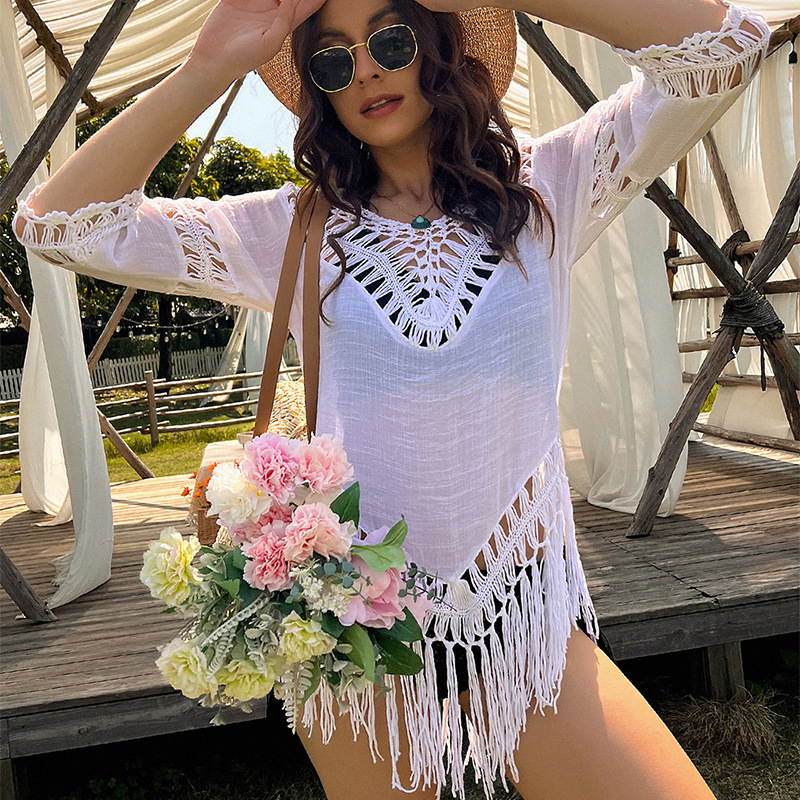 Beach Outward Knitted Hollow V-Neck Hook Loose Sexy With Tassel Sunscreen Bikini Hoodie