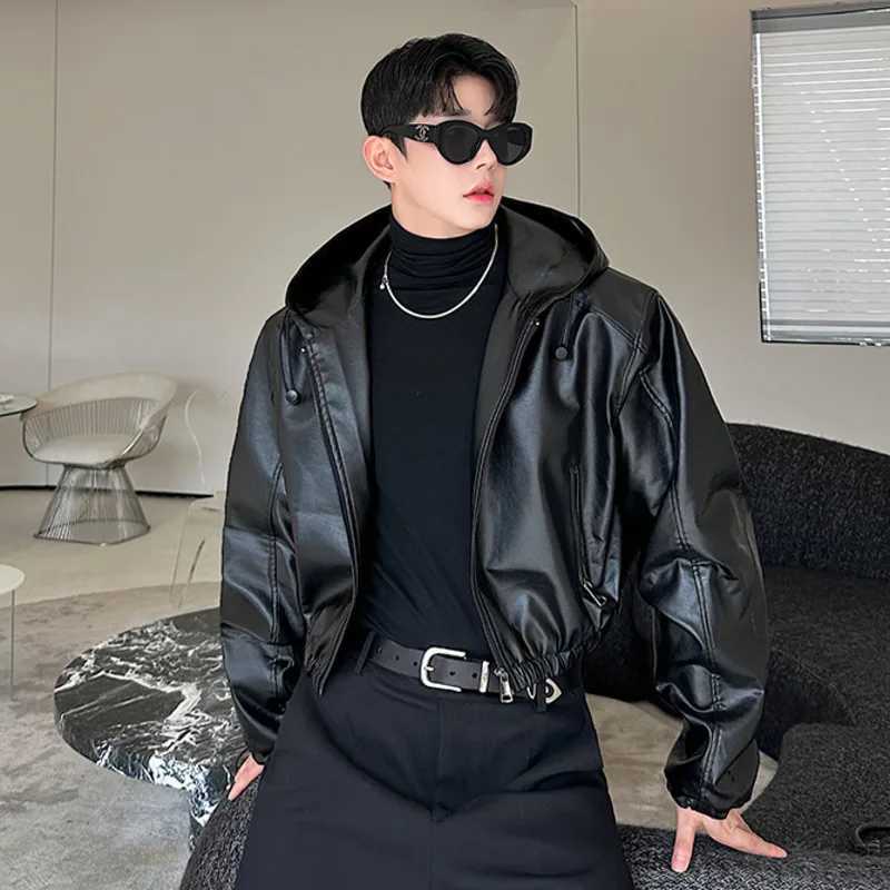 IEFB American Style Mens Jackets Casual Pu Leather Drawstring Hooded Solid Color Loose Male Coats Personalized Autumn 9C7986T250311