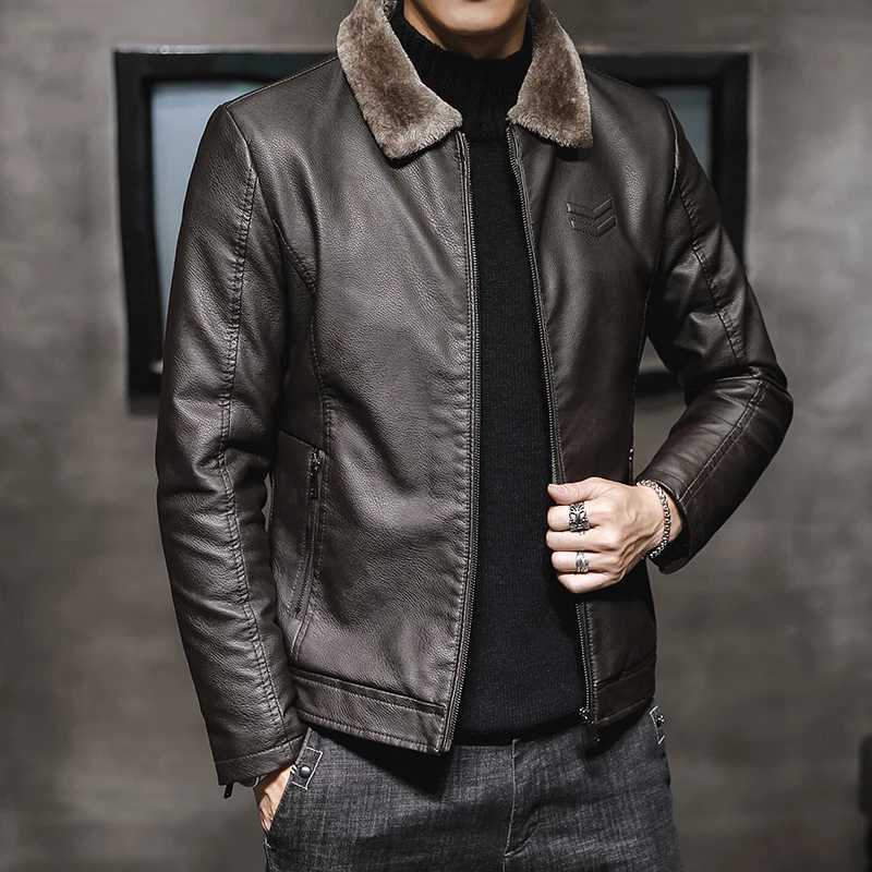 Fur collar Leather Jacket men Plus Velvet coats Thick Warm Fashion Autumn Winter Mens Leather jacket Top Large Size PU CoatsT250311