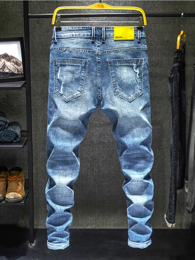 Mens Stretch Skinny Ripped Jeans Distressed Blue Denim Pants Fashion Streetwear Personality Hip Hop Trousers Male Trendy 250311