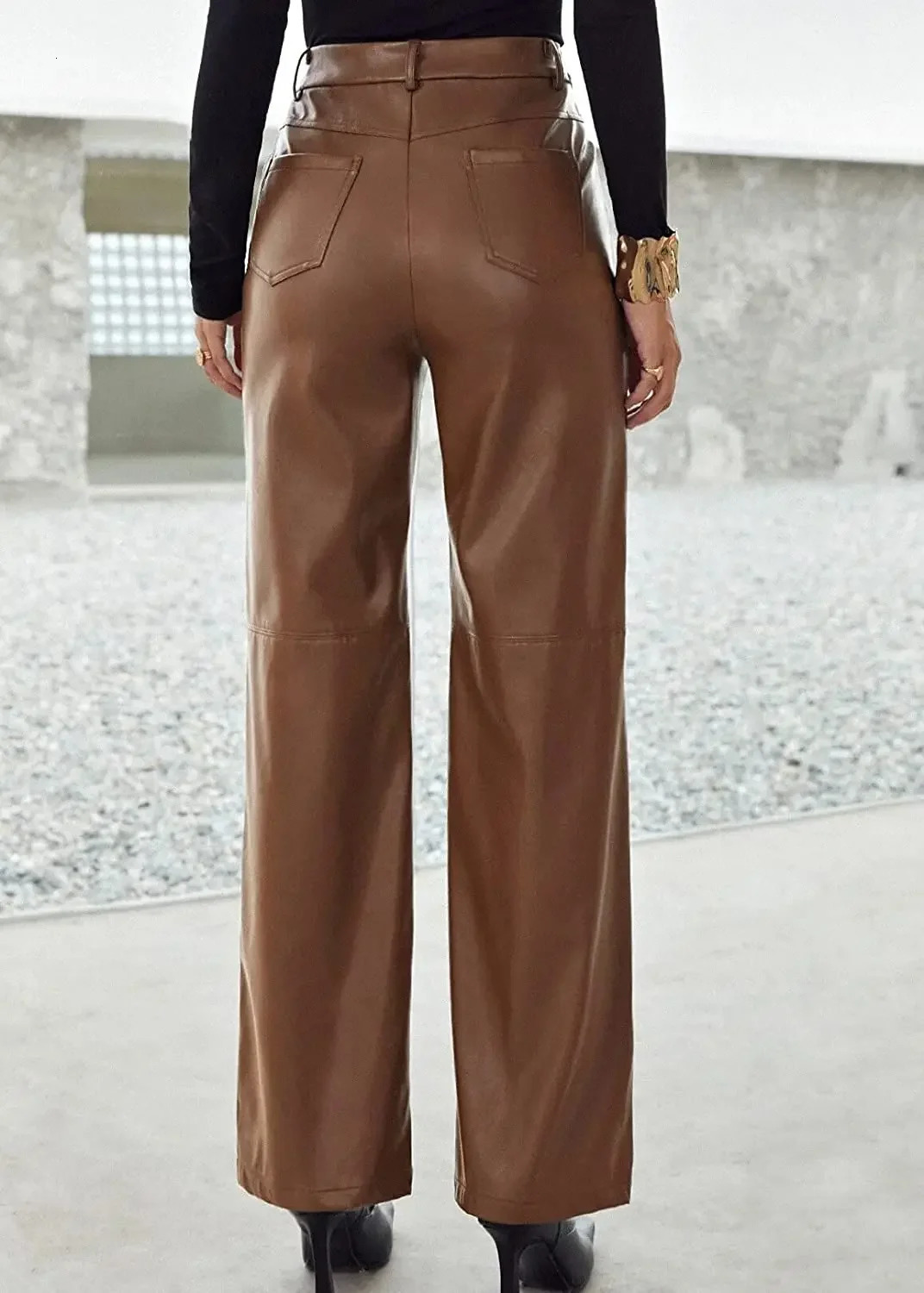 Womens Leather Pants High Waist Straight Slimming Side Pockets Solid Color Casual Party Fall Trousers Spring Autumn Clothes 250305