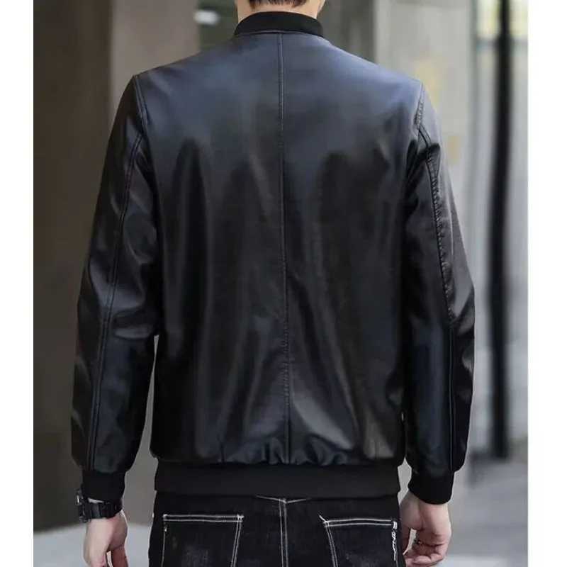Men Leather Jacket Men Autumn Winter Business No Collar Zipper Casual Youth Solid Color Waterproof Korean Wlde-waisted CoatsT250311