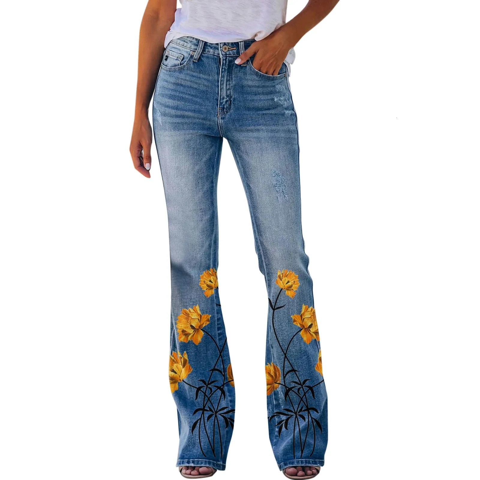 Floral Printed Baggy Jeans Women Y2K High Street Retro Flared Denim Pants Streetwear Slim-Fit Bell Bottoms Trousers 250306