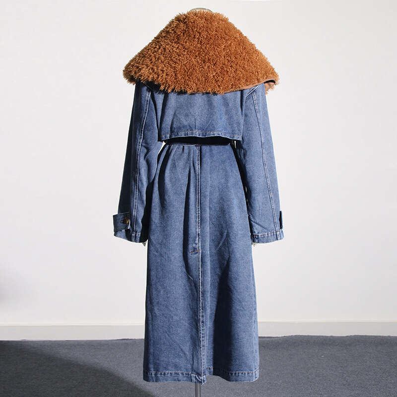 Street Style Niche Trench Coat Spring 2025, New Fur Collar, Detachable Long Denim, Waist Cinched Wide Jacket For Women