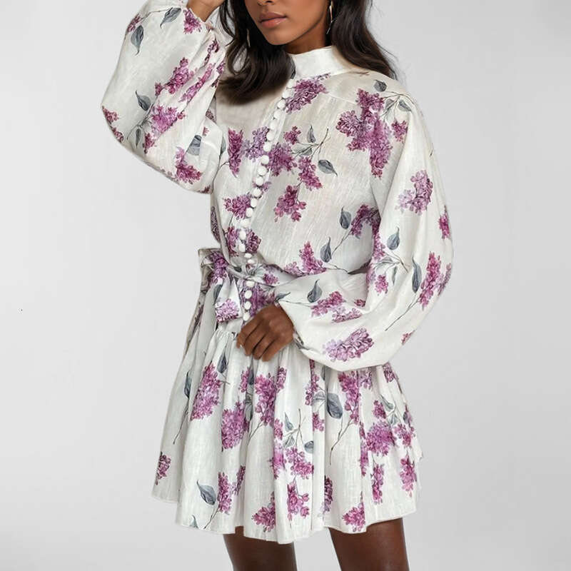 Women's Clothing 2025 Spring New Elegant Ink Print Stand Collar Lantern Sleeve Lace Up Long Sleeved Dress KLMY
