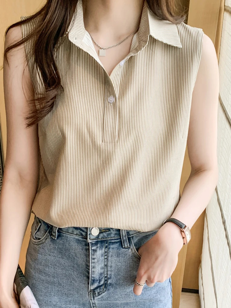 Summer Sleeveless Blouse Women Casual Striped Shirts Blouses Female Ladies Office OL Basice Tops 250310