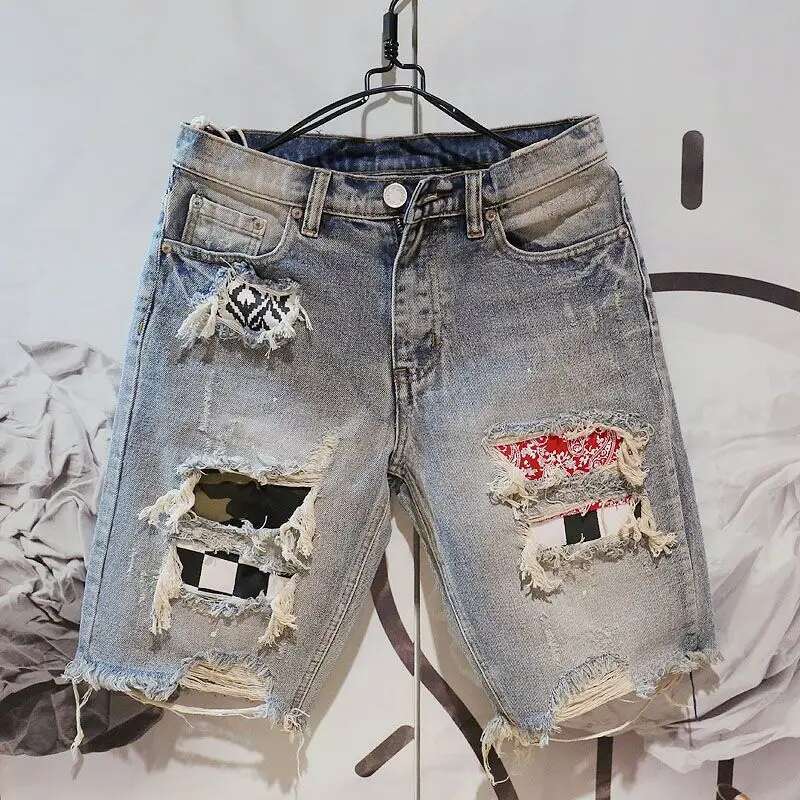Man Denim Shorts With Text Ripped Embroidery Short Jeans Pants For Men Designer Popular New In Original Trend 2024 Summer Retro