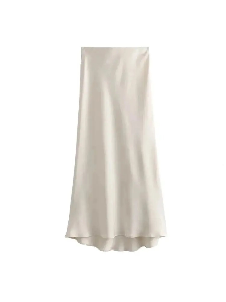TRZAWomens Flowing Satin Midi Skirt High Waist With Elastic Waistband Female Skirts Chic Fashion 250311