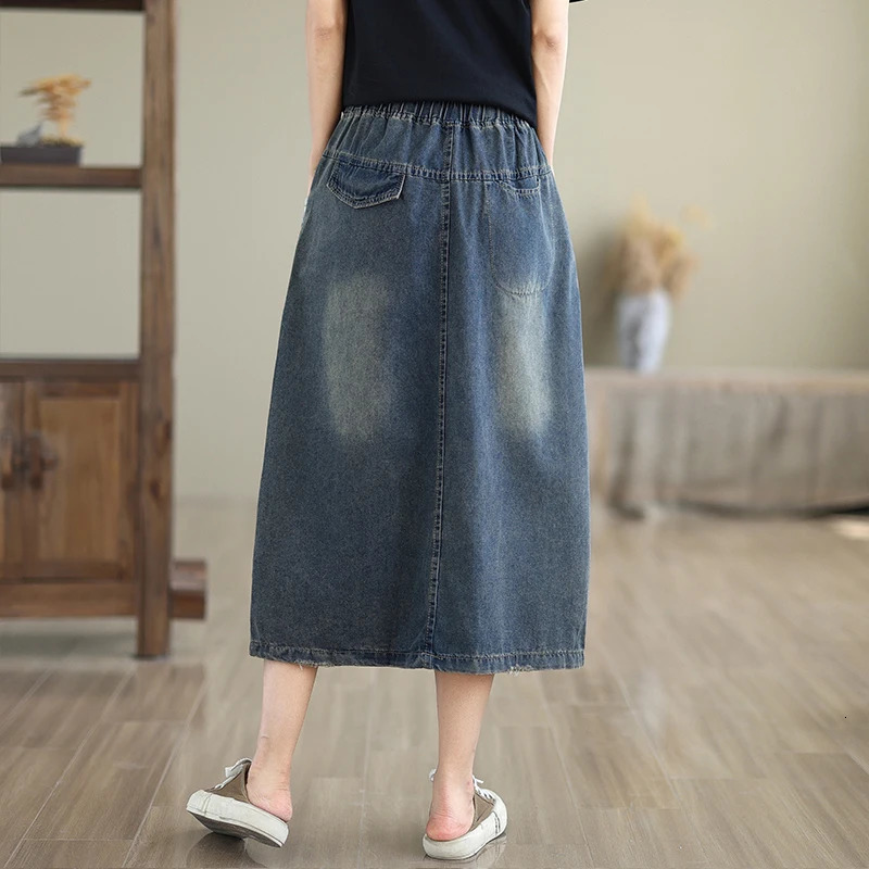 High Waist Denim Long Skirt Women Arrival Spring Vintage Style Floral y Loose Female Casual Aline Skirts S009 250311