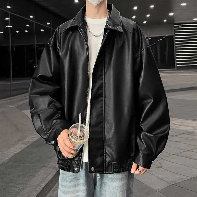 New Mens Faux Leather Jacket Coat Zipper Turn-down Collar Solid Retro Casual Loose Outerwear Man ClothingT250311