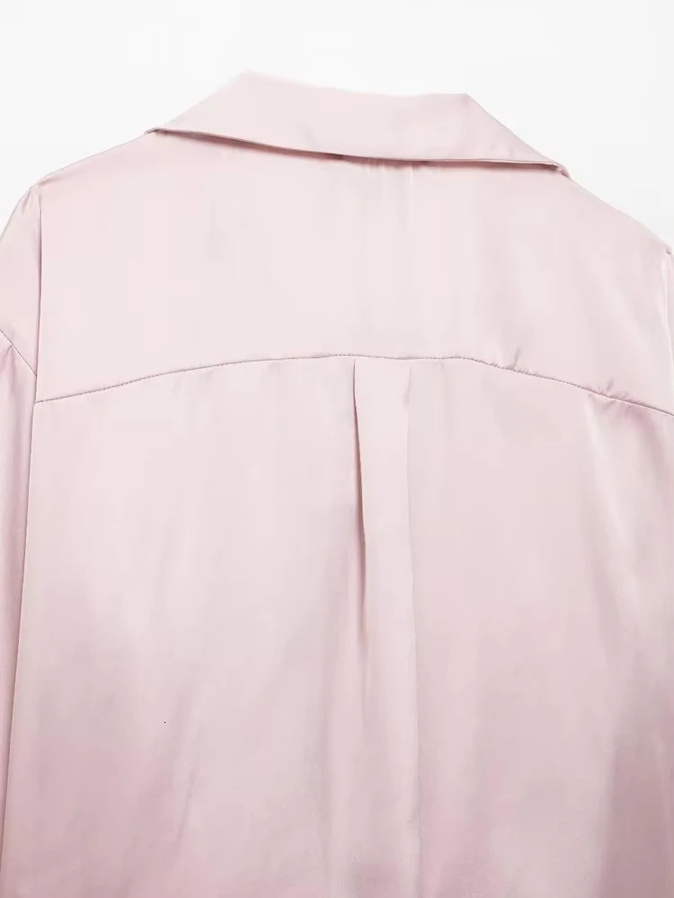 TRZA Loose Womens Shirt with Knot Satin Long Sleeve Front Button Top Fashion 250311