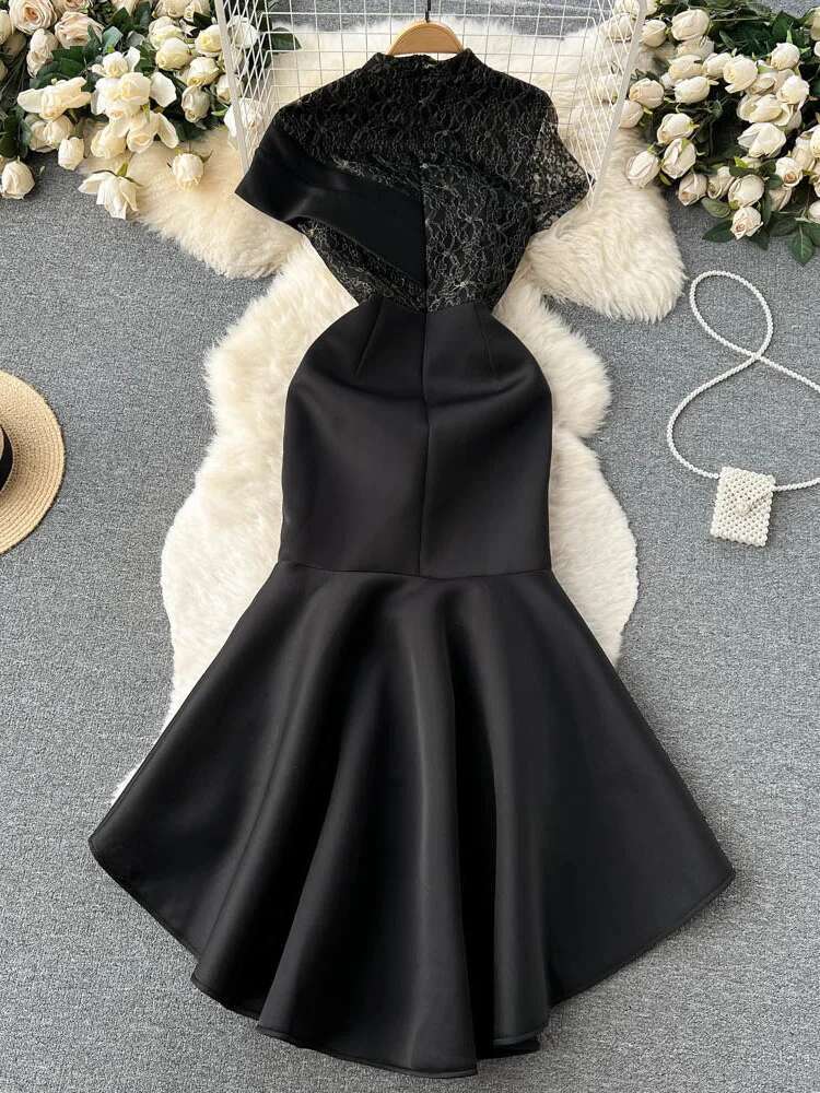 XFPV Women's A-E Splice Irregular Party Dress 2025 Spring Summer Fashion Short Sleeved High Waist Black Evening Dresses Sm003