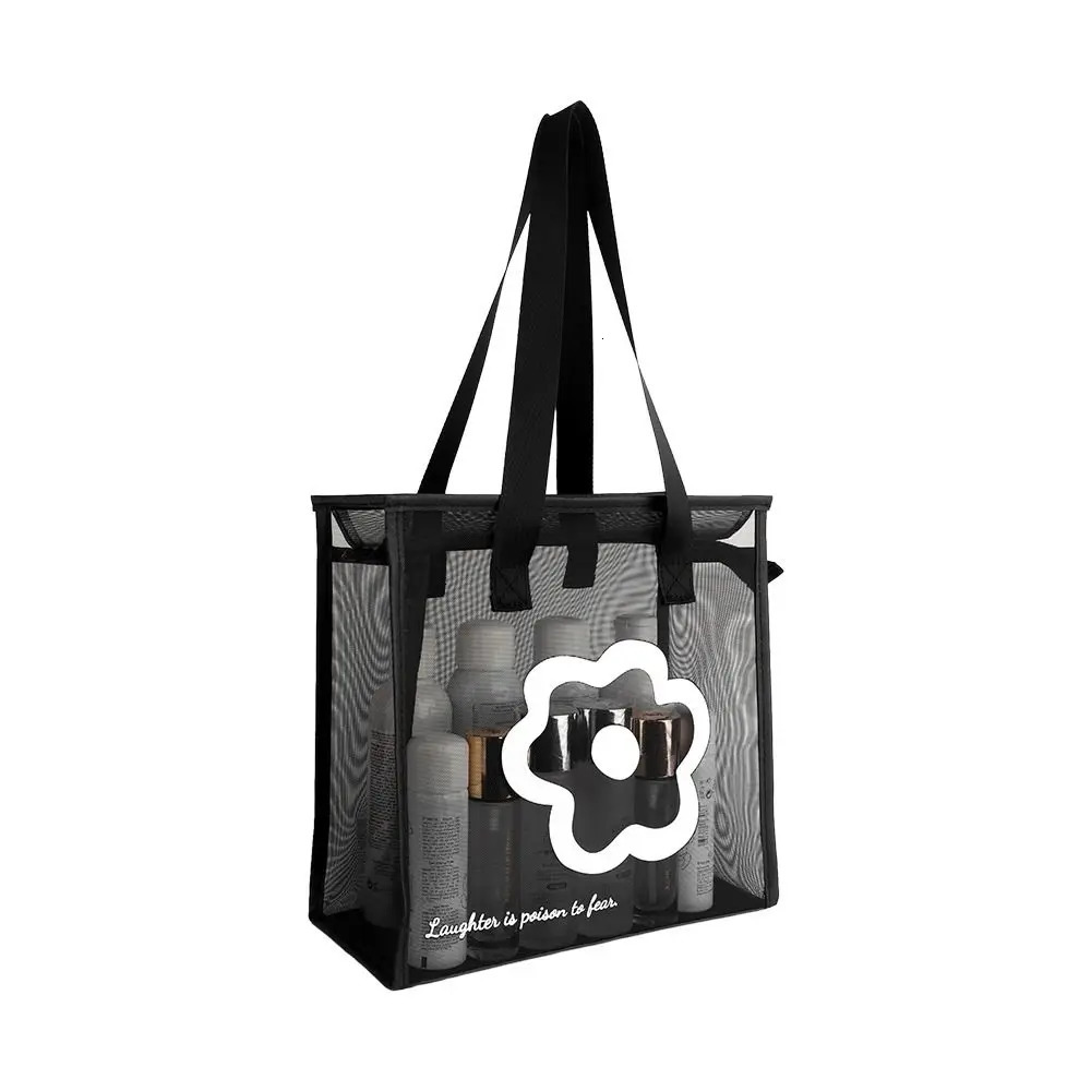 Clear Beach Tote Bag Fashion with Zipper Flower Cartoon Transparent Bag Nylon Mesh Wash Bag Woman R250311