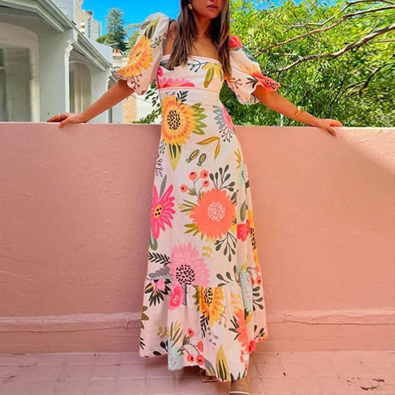 2025 Women's Elegant And Fashionable Printed Lantern Short Sleeved A-Line Large Swing Dress KLMY