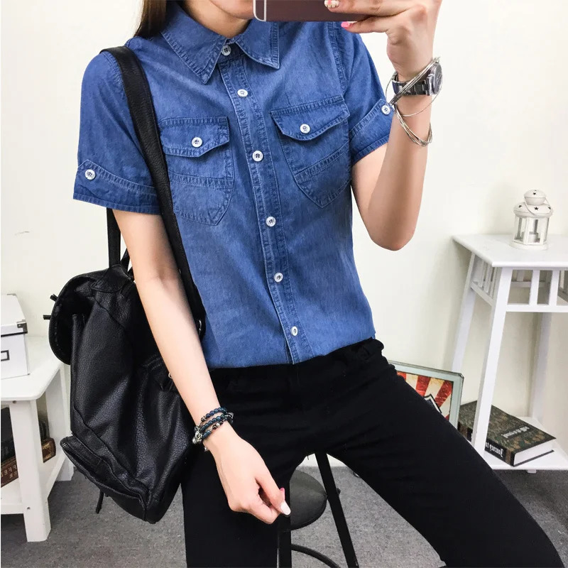 Wxw0138 Summer Cotton Denim Shirt Womens Short sleeved Slim fit Pre made Style Casual Jeans Basic 250311