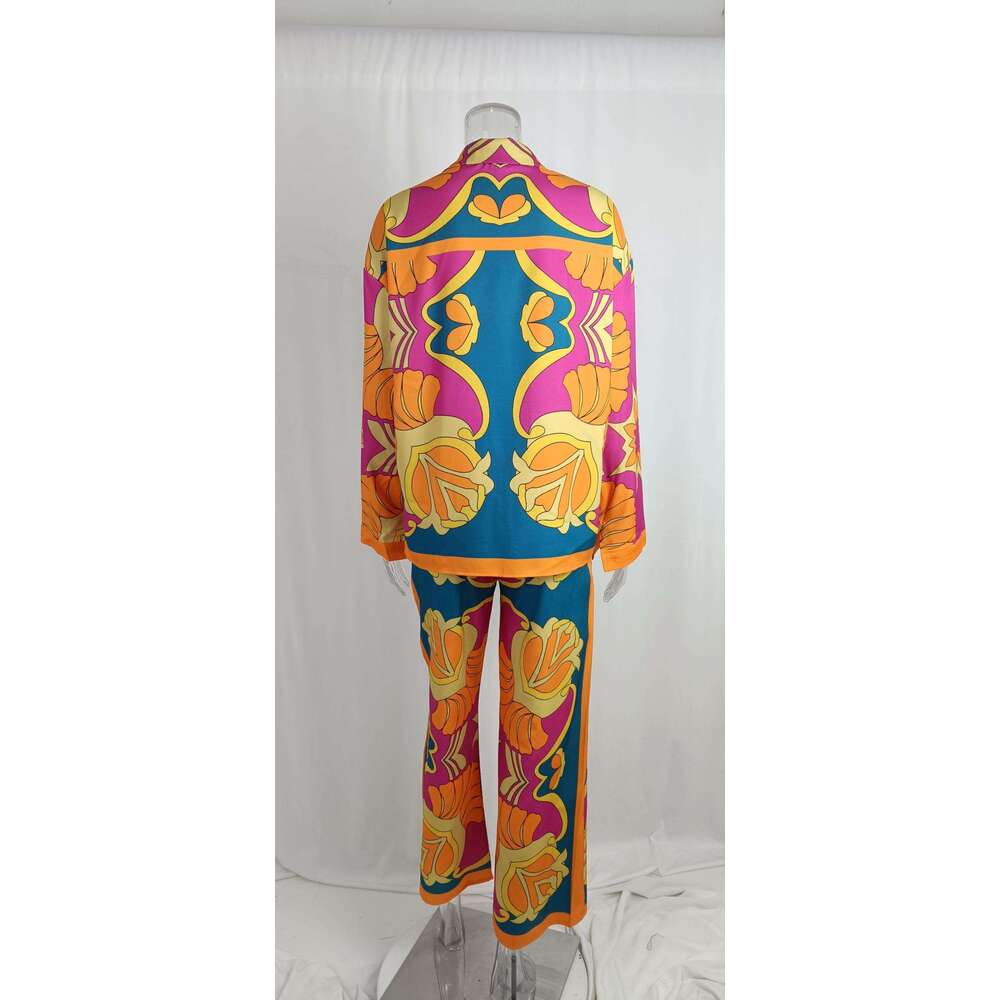 Women's Loose Printed Long Sleeved Shirt With Ethnic Style Casual Fashion Set Sampg KLMY