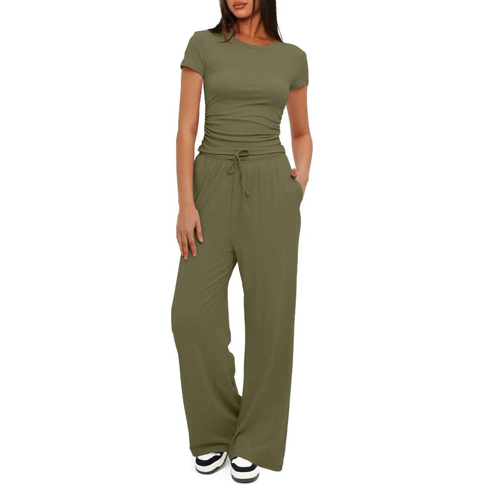 European and American product solid color casual suit pleated short sleeved top high waist wide leg pants sportswear 2025 temperament versatile new tr