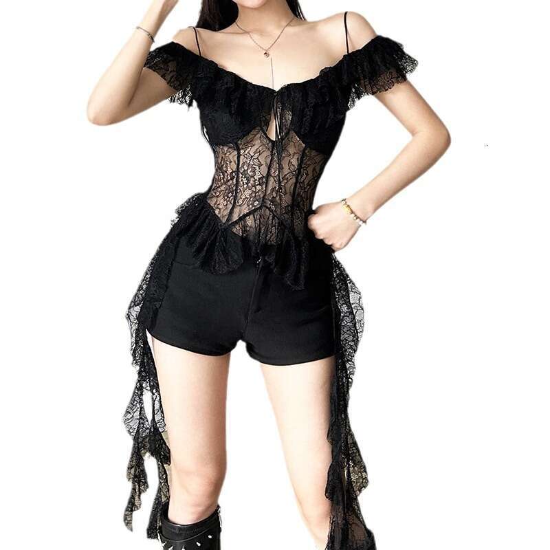 European and American style summer women's solid color slim fit hollow perspective sexy one neck suspender short sleeved top 2025 new casual vers