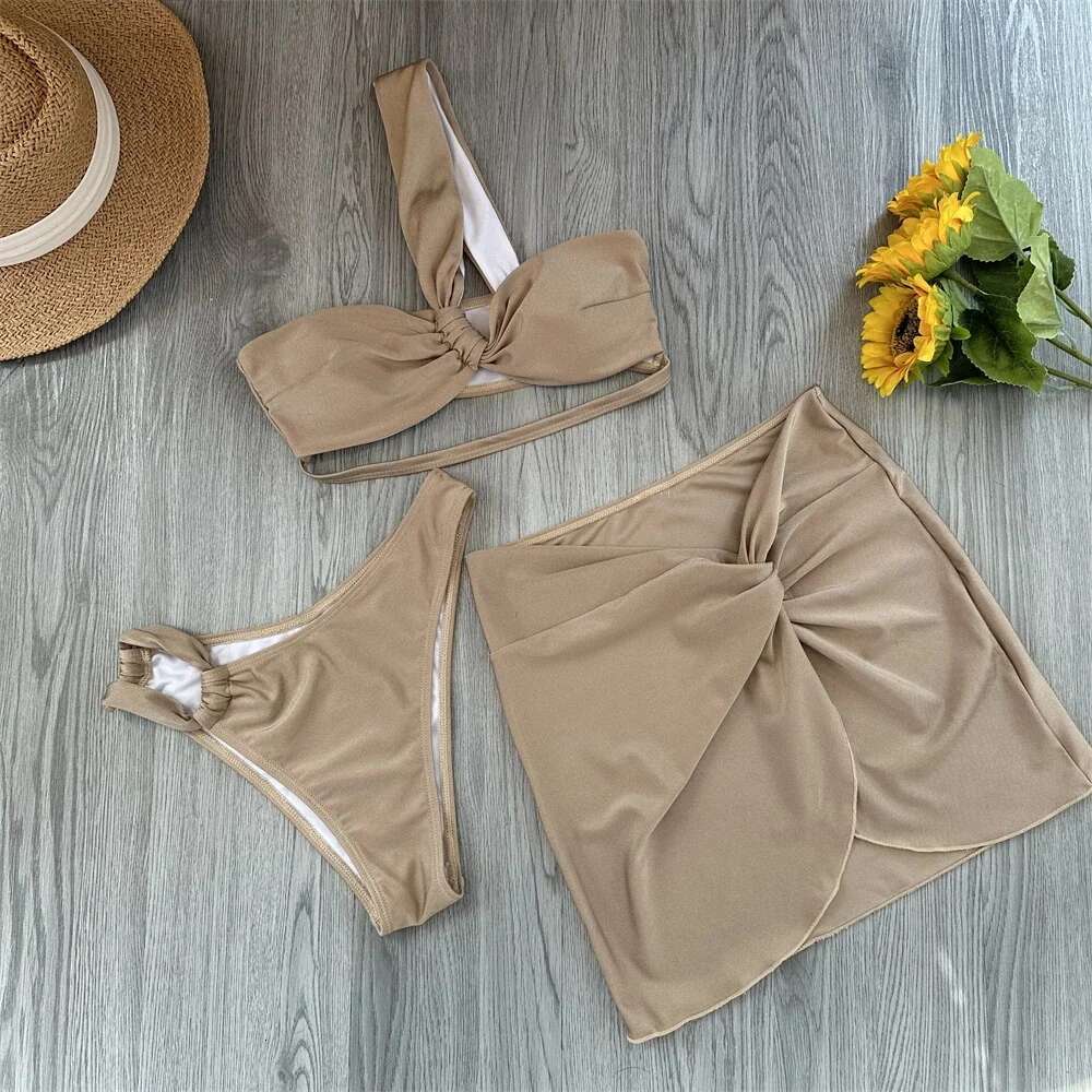 3 Piece Women Swimsuits 2025 Female Swimwear Beachwear Swimming Bathing Suit Bikini Set One Shoulder Biquini