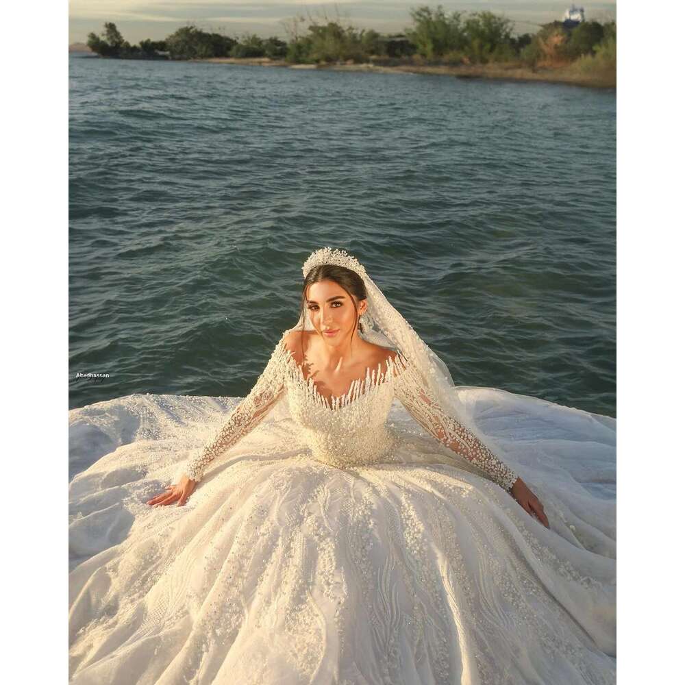 Long Sleeve Laces Beading Bridal Dresses, Royal Sexy Ball Gown, Glitter V Neck, Custom Made Dress