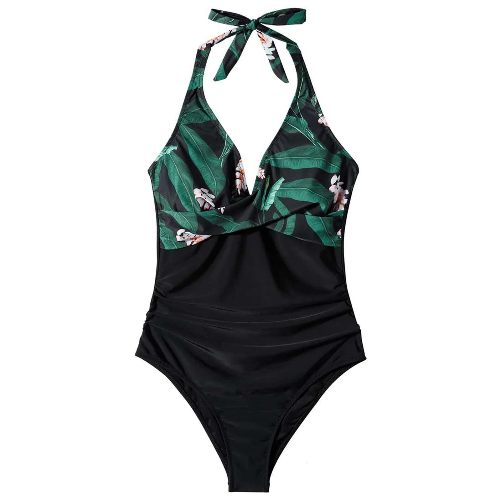 Sexy Bandage One-Piece Bikinis Push Halter Ruched Deep V Neck Backless Lace Up Bathing Suit Patchwork Tummy Control Monokini